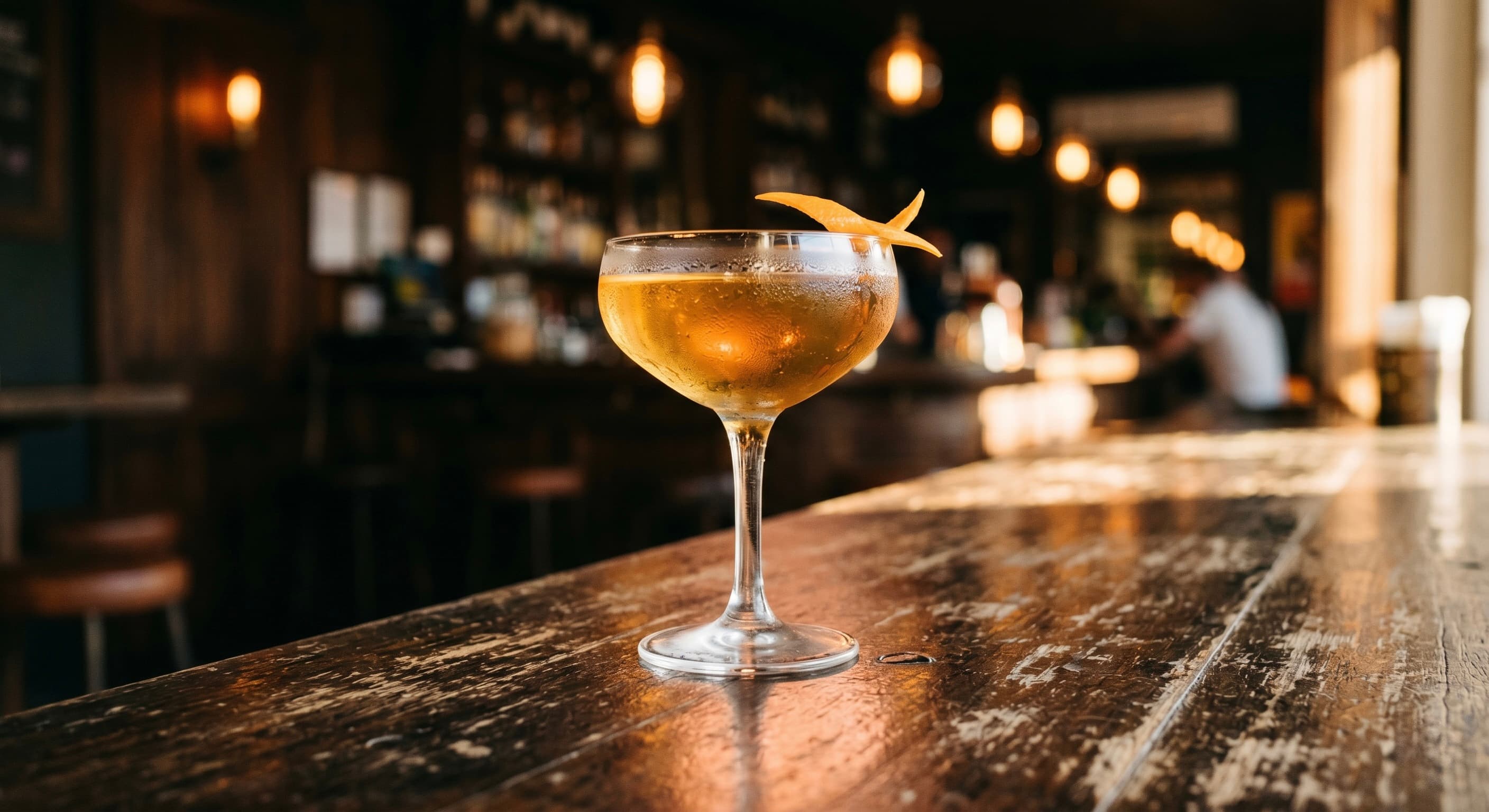 An amber cocktail in a coupe glass with an orange peel garnish, sitting on a polished wooden bar, warm pendant lighting in the background.