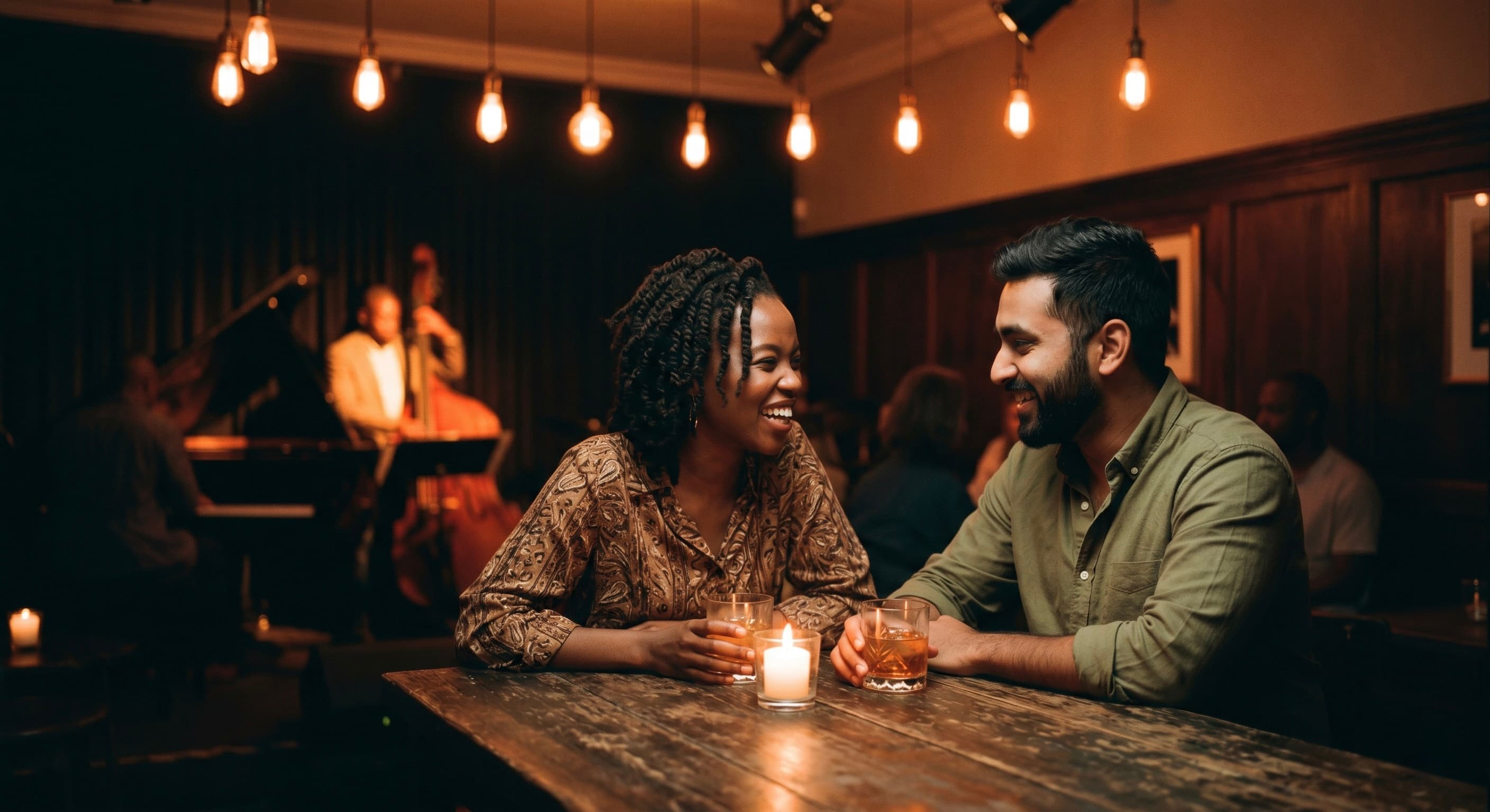 A couple smiling across a candlelit table at a jazz bar, a double bass player in soft focus behind them.